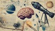 © Anastasiia - A dynamic collage combining illustrations of a brain, planets, a telescope, and a rocket. Perfect for concepts of innovation, knowledge, and space exploration, with a vintage aesthetic.. AI Generation