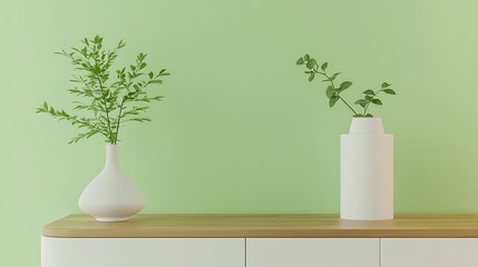 Canvas Print - Contemporary Interior Decor with Two Unique Vases and Green Plants on Wooden Shelf : Generative AI