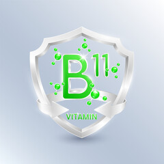 Green vitamin B11 in silver shield with atom molecules surrounded by arrows. Nutrients necessary for building immunity and protect the body stay healthy. For nutrition products food. 3D Vector.