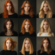© 수동 김 - A grid of portraits of beautiful nine women with different hair colors: redheads, blondes, and brunettes with shoulder-length straight hair. They have blue eyes and pale skin.