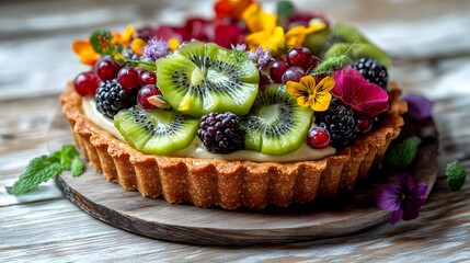 A beautifully decorated fruit tart topped with vibrant berries and edible flowers.