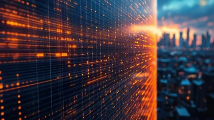 Digital Cityscape: Streams of data flow across a futuristic cityscape at sunset, symbolizing technological advancement and connectivity. 