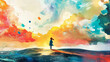 © Liffer - child stands on hilltop surrounded by vibrant, colorful clouds and dynamic sky, evoking sense of wonder and creativity. scene blends imagination and nature in dreamlike atmosphere