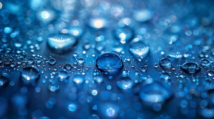 Canvas Print - Artistic macro image showcasing water droplets on smooth surface glowing under soft blue light