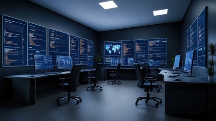 Modern Technology Office with Advanced Computer Monitors and Global Network Data Analysis Setup