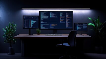 Wall Mural - modern workspace with multiple computer monitors displaying code in dark ambient light