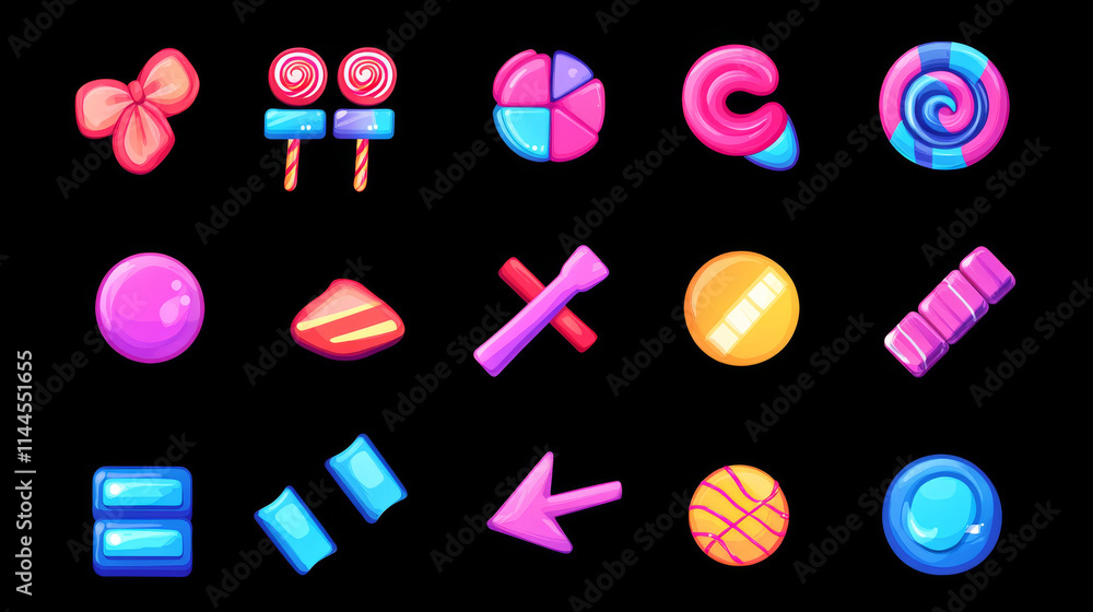 Candy game ui buttons set isolated on black background. Vector cartoon ...