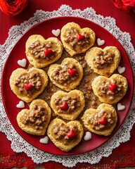 Wall Mural - American food concept for Valentine's Day. Heart-shaped cookies with toppings on a decorative plate