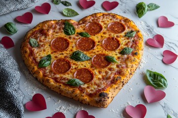 Wall Mural - American food concept for Valentine's Day. Heart-shaped pizza with pepperoni and basil, surrounded by rose petals