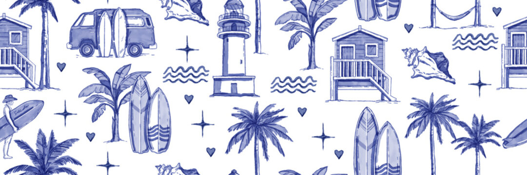 watercolor summer seamless pattern, vector hand drawn tropical ocean texture, surfboard, palm tree. 