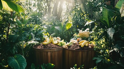 Canvas Print - Compost bins with fruit, vegetables, and eggs in a lush garden.