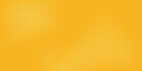Yellow halftone pattern. Retro comic gradient background. Bright orange pixelated dotted texture overlay. Cartoon pop art faded gradient pattern. Vector backdrop for poster, banner, advertisement