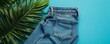 © EmPics - Find deals on side-view Jeans. A stylish pair of blue jeans laid on a vibrant turquoise background, accompanied by a lush green palm leaf.