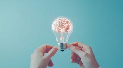 Hands holding a lightbulb with a brain inside.