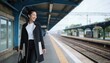 © Flash - A smiling Asian woman in a black coat and holding a bag walks on a train station platform.
