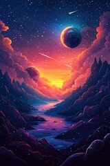 Wall Mural - Vibrant cosmic landscape with planets, stars, and a flowing river at dusk