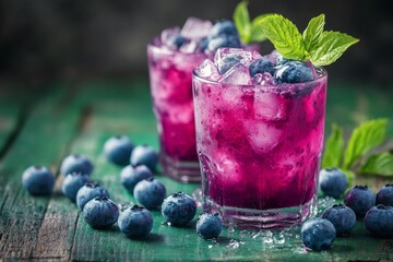 Wall Mural - Refreshing blueberry mint drink served in glasses with ice and fresh mint leaves on a wooden table surrounded by