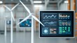 © thekob5123 - Modern Renewable Energy Facility with Monitoring Screens and Wind Turbines, Showcasing Data Analysis and Sustainable Technology Against Industrial Background