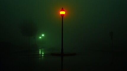 Poster - Foggy night scene with illuminated lamp post.