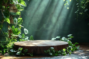 Wall Mural - eco friendly wooden podium surrounded by lush greenery and warm sunlight for product display