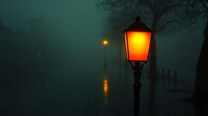 Poster - Foggy night scene with glowing streetlamp.