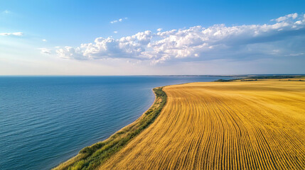 Sticker - Aerial view of golden wheat fields meeting the blue ocean