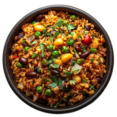 Top view of a delicious looking spicy masoor pulao plate on a dark earthenware bowl isolated on a white transparent background