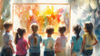 © Liffer - Children admiring vibrant painting in art gallery, engaging in discussion and curiosity, surrounded by soft light and colorful brushstrokes