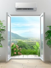 Aufkleber - Cool air flows from a wall mounted air conditioner next to an open window with a scenic mountain view. Generative AI