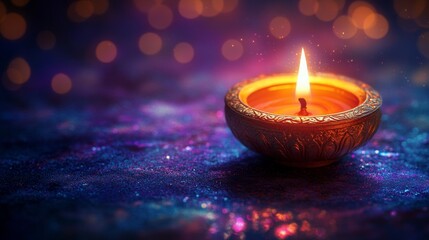 Poster - Vibrant diya illuminates dark space with a warm glow, enhancing the festive atmosphere and creating a sense of