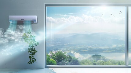 Aufkleber - Efficient air conditioning unit operates with open window view of serene landscape and greenery during daytime. Generative AI