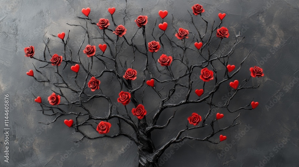 Tree With Roses Dark Striking digital artwork of a black ornamental tree with red roses and ...