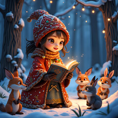 Wall Mural - enchanting winter scene with girl reading in forest surrounded by curious animals, digital art of fa