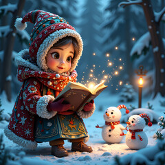 Wall Mural - a enchanted winter night a girl reading a magical book amidst snow and cheerful snowmen, digital art