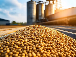 Poster - Soybean meal in a farm setting with silos in the background, Main keyword soybean meal, Concept largescale agriculture