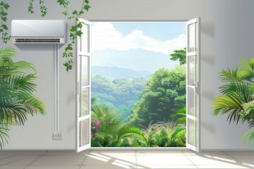 Poster - Air conditioner mounted on wall near open window overlooking lush green outdoor landscape with mountains in background. Generative AI