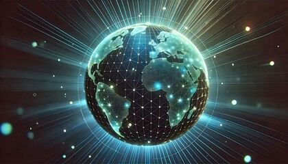 glowing earth with network connections and radiating light, global communication network, worldwide connectivity visualization, internet technology concept