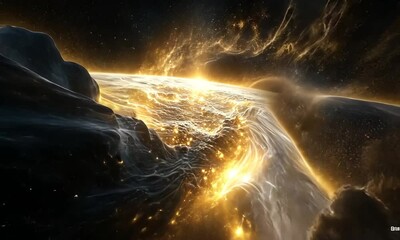 a cosmic landscape featuring fiery elements and swirling clouds, evoking a sense of wonder.