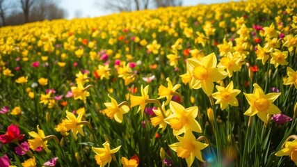 Wall Mural - A vibrant field filled with bright yellow daffodil flowers swaying in the gentle breeze, sunny day, floral, vibrant