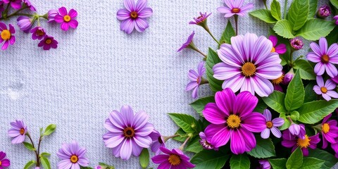 Wall Mural - Close up shot of vibrant purple flower petals and leaves in a lush garden setting, Background, Botanical, Flora