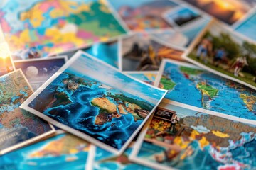 Fototapete - Colorful travel images arranged on a world map backdrop for creative mock up display. Generative AI