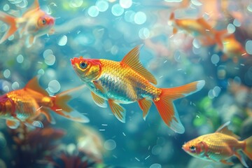 Aufkleber - Colorful aquarium fish swimming in a vibrant underwater world filled with plants and light reflections. Generative AI
