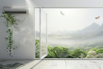 Fototapete - Air conditioner mounted on wall beside open window showcasing serene mountain view with greenery. Generative AI