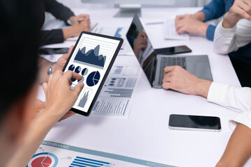 Aufkleber - Analyst team uses BI Fintech display tablet to analyze financial data . Business people analyze BI software technology dashboard power for insights power into business marketing planning. Prudent