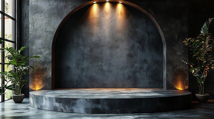 Wall Mural - dramatic black podium with spotlight against concrete wall empty background for product display conc