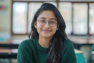 Wall Mural - Portrait of young Indian woman in green sweater smiling.