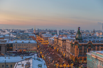 Wall Mural - Aerial view of festively decorated Nevsky Prospect and the House of Books from the Dumskaya Tower.