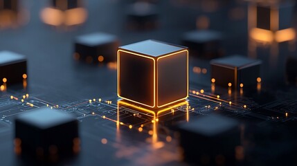 Canvas Print - glowing cube on circuit board.