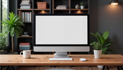 Desktop computer screen mockup on a wooden table in a cozy home office with shelves and plants