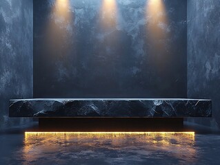 Wall Mural - Minimalistic Podium on Reflective Black Surface with Soft Spotlight for Modern Product Display Concept